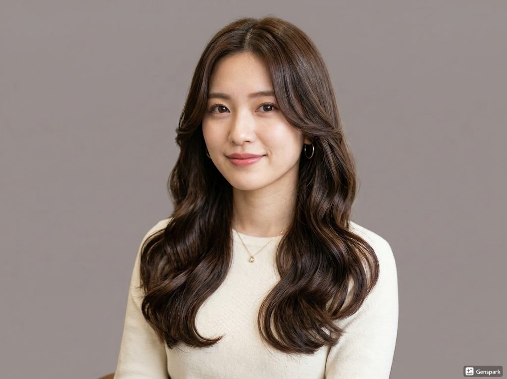 松山市の美容室BLUEMOSQ TOKYOで施術した韓国風波巻きパーマのロングヘアスタイル