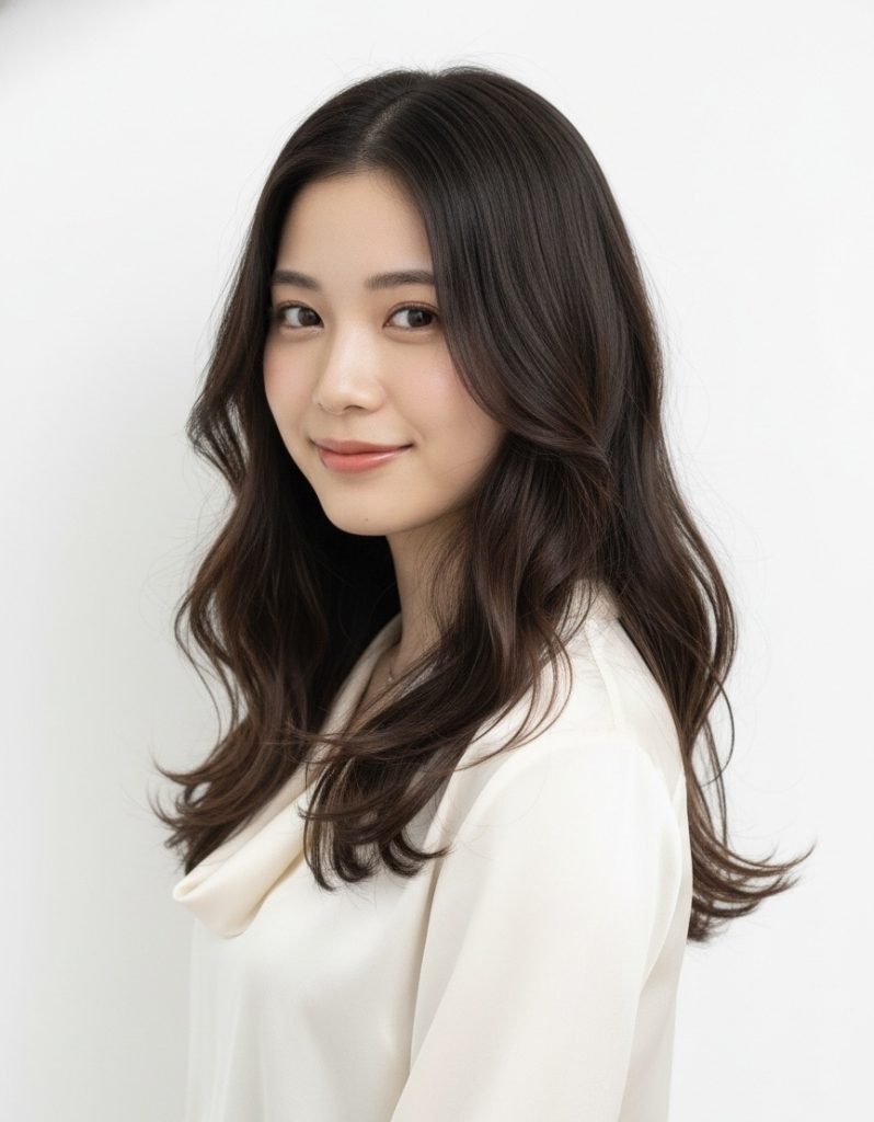 「ツヤのあるナチュラルなロングヘア。柔らかい動きで上品な印象のスタイル」