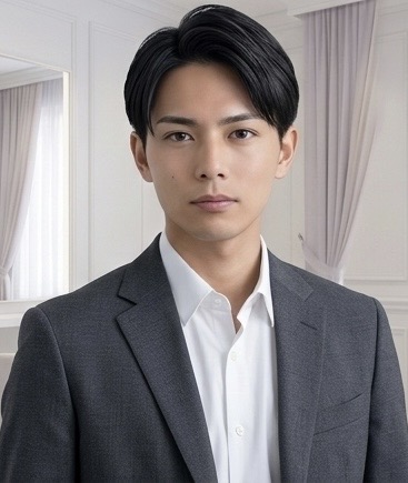 「ナチュラルなセンターパートのメンズカット。清潔感がありビジネスにも合う髪型」