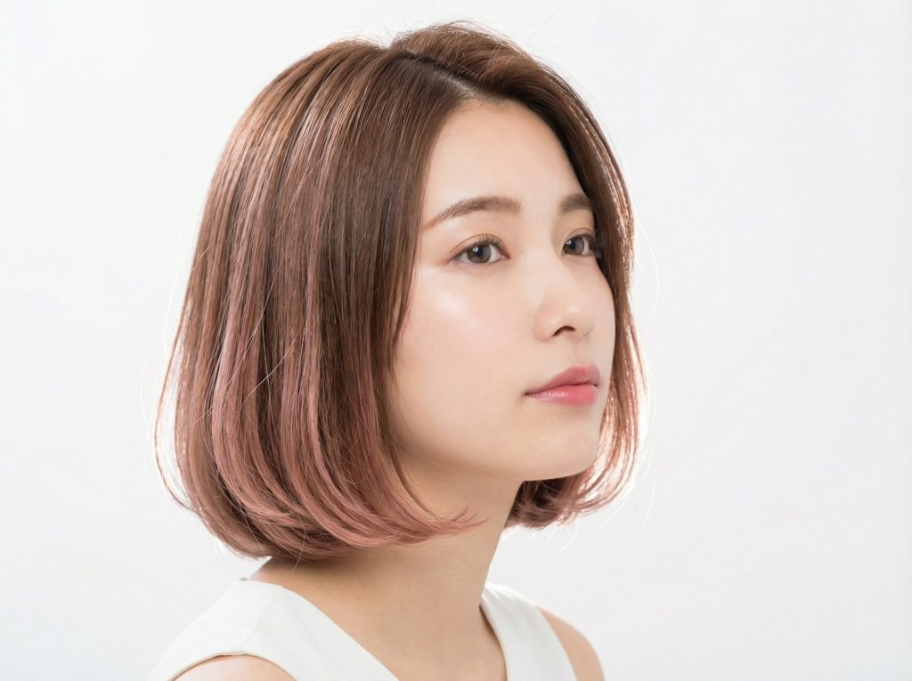 ピンクベージュカラーのナチュラルボブヘアの女性。ツヤ感のある柔らかい質感のスタイル