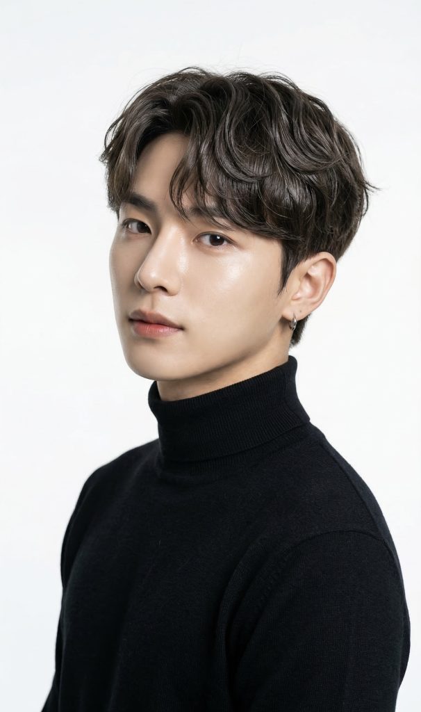 松山市の美容室で施術した韓国風メンズニュアンスパーマ。骨格に合わせたカットで自然に動く柔らかい仕上がり。